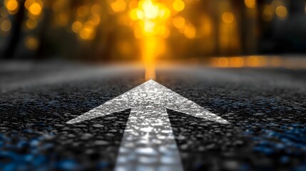 Poster - Low angle shot of a bold white arrow painted on an asphalt road illuminated by the warm glow of a setting sun symbolizing direction determination and progress