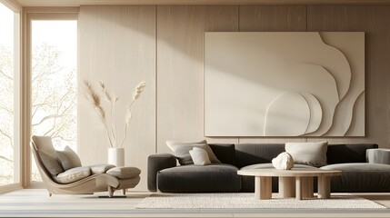 Aufkleber - A beautifully designed minimalist living space with a dark blue sofa and a cozy reclining armchair embodying Scandinavian simplicity  The room is bathed in soft natural light with muted color tones