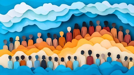 Poster - Vibrant paper cut art piece showcasing an abstract and cohesive composition of diverse human figures in various poses and gestures