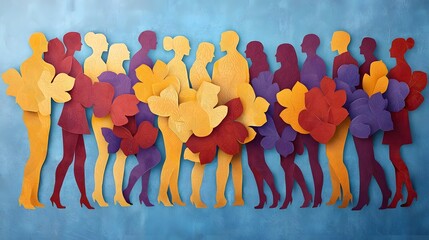 Aufkleber - Vibrant paper cut art piece depicting a group of stylized human figures in various poses and gestures arranged in an abstract yet cohesive composition that highlights themes of inclusivity connection
