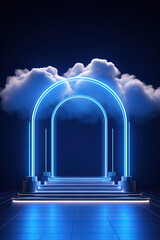 Poster - Neon arch in dark blue lights room with clouds. Abstract background for party stage or product display.