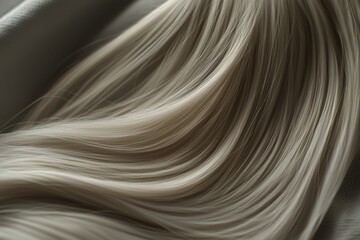 Poster - A luxurious cascade of smooth, platinum blonde human hair, displaying subtle highlights and a soft, flowing texture against a neutral fabric background.