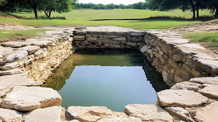 Poster - Stone-lined water basin surrounded by greenery and open fields