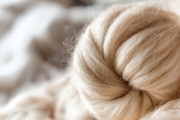 Poster - A macro shot showcasing the intricate details and soft texture of a ball of woolen yarn, highlighting its natural fibers and warm, creamy color palette, background blurred.