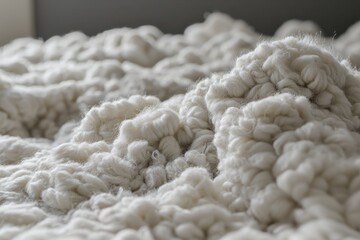 Poster - A cozy and inviting close-up of a fluffy white woolen rug, showcasing its soft texture and intricate woven pattern, evoking warmth and comfort in any space.