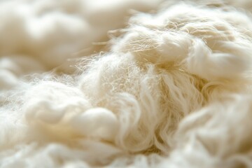 Poster - An abstract close-up of fluffy, creamy white merino wool, creating a soft, dreamy texture with blurred depth of field, showcasing gentle waves and subtle golden tones.