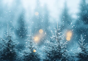 Poster - Serene Winter Wonderland with Soft Snowfall and Glowing Lights in a Calm, Frosty Forest Landscape