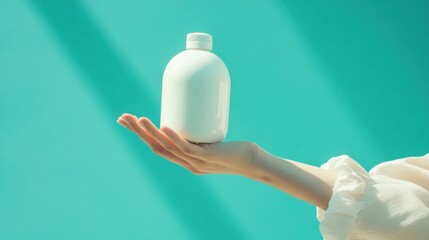 Canvas Print - Hand holding a blank white bottle against a teal background