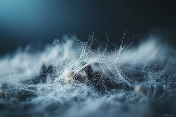 Poster - A dreamy macro shot captures delicate white fibers floating against a deep blue backdrop, creating an ethereal, otherworldly texture with artistic blur and subtle highlights.