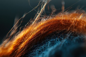 Poster - Abstract macro shot of orange and blue fibers intertwining, showcasing intricate details and textures, creating a vibrant and dynamic composition, with a focus on color contrast.