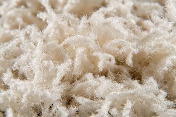 Poster - Detailed macro shot of fluffy white filling, showcasing its soft, cloud-like texture with intricate fiber details, ideal for warmth and comfort in various applications.