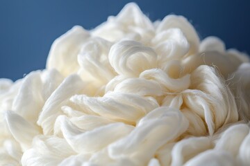Poster - Macro shot of bright white wool threads, arranged artfully against a blue background, showing soft curves and delicate textures creating abstract and dreamy feel.