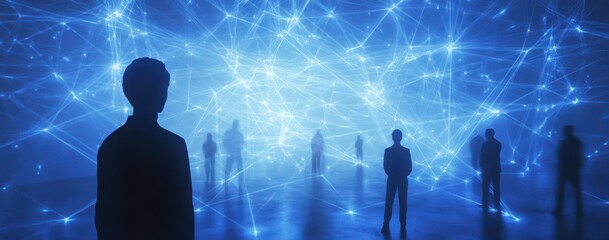 Poster - Silhouettes of People in a Futuristic Blue Networking Environment with Bright Neon Lines Representing Data Connections and Digital Communication