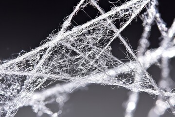 Poster - Abstract close-up of a delicate, ethereal web of white fibers against a dark backdrop, showcasing intricate details and patterns with bokeh.