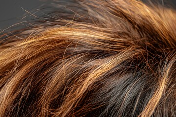 Poster - Detailed macro shot of dark brown and golden hair with a soft, flowing texture creating a warm and inviting abstract background for design purposes.