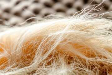 Poster - A close-up view of soft, creamy white fur, showcasing its delicate texture and subtle golden undertones, with a blurred, neutral background texture.