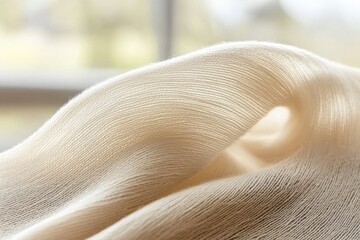 Poster - A soft and light-colored fabric is draped elegantly, showcasing the delicate weave and subtle texture, inviting a feeling of warmth and comfort against a blurred background.