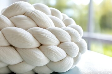 Poster - Close-up of a braided white rope knot, showcasing the intricate pattern and soft texture of the interwoven strands, against a blurred bright background, creates a cozy vibe.