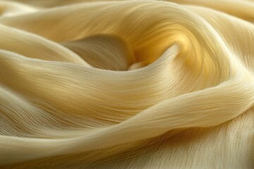 Poster - Elegant close-up of soft, flowing, light gold silk fabric with delicate folds and subtle highlights, creating a luxurious and smooth, captivating texture.