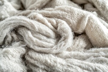 Poster - A textured close-up of a cozy, white knitted blanket, showcasing intricate patterns, soft fibers, and comforting warmth, perfect for backgrounds and design elements.