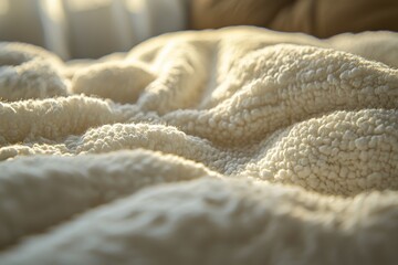 Poster - A close-up captures the inviting texture of a soft, white sherpa blanket illuminated by gentle sunlight, offering warmth, comfort, and a sense of tranquility, perfect for background.