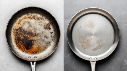 Poster - Before and after cleaning a stainless steel frying pan revealing the transformation from dirty to shiny. Generative AI