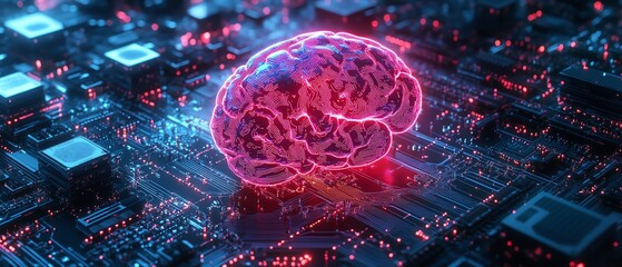 Poster - Futuristic AI concept glowing brain design seamlessly integrated into an intricate electronic circuit board