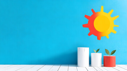 Poster - Bright and colorful indoor scene with pots and sun decoration