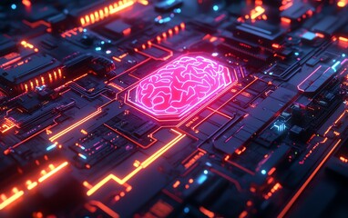 Poster - Neoninfused AI brain seamlessly embedded in a futuristic tech ecosystem circuit pathways illuminated with electric energy