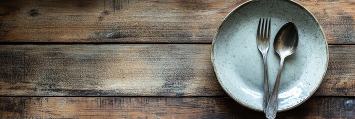 Aufkleber - Elegant table setting with rustic utensils and a minimalistic plate on a wooden surface. Generative AI