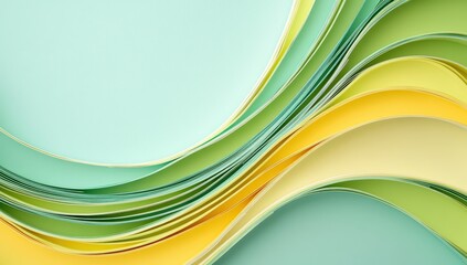 Poster - Soft Green and Yellow Wave Pattern of Curved Paper Sheets Creating a Harmonious and Contemporary Abstract Background Design for Creative Projects