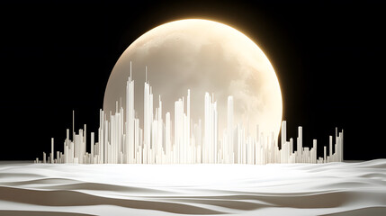 Poster - City skyline silhouette under a large moon in a surreal landscape