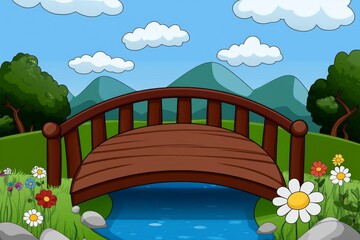 Poster - A flat vector illustration of a footbridge over a river in a modern design