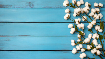 Poster - Cotton branches on a blue wooden background