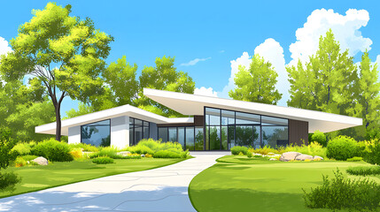 Aufkleber - Modern house surrounded by greenery under a bright blue sky