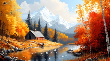 Poster - Scenic autumn landscape with mountains, a river, and a cozy cabin