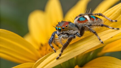 Wall Mural - peacock spider's perch: a vibrant peacock spider, known for its iridescent patterns, is captured on 