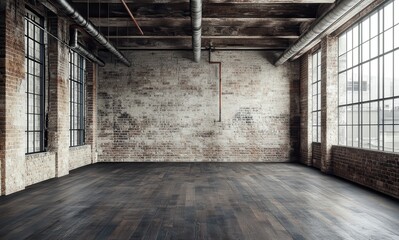 Poster - Spacious industrial interior with rustic brick walls, large windows, and wooden flooring creating a bright and airy atmosphere for creative spaces
