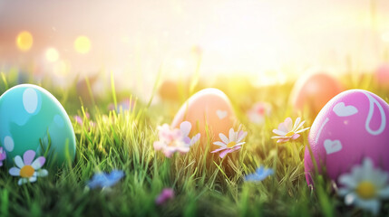  Bright and colorful Easter eggs in lush green grass with blooming flowers and warm sunlight. Festive 3D-rendered illustration with a wide-angle perspective, ideal for banners and seasonal designs.