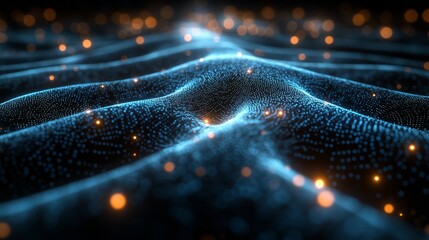 Dynamic blue digital wave with glowing particles and bokeh effect in a futuristic pattern
