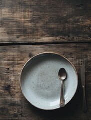 Aufkleber - Empty rustic plate with silver spoon and knife on a wooden table at a cozy dining setting during evening light. Generative AI