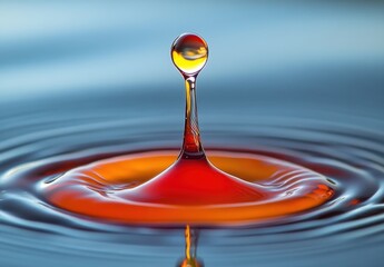 Poster - Stunning Close-Up of a Colorful Water Drop Creating Ripples on a Calm Surface Representing Fluid Dynamics and Natural Beauty