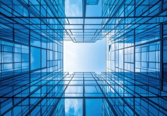 Poster - Stunning Architectural Design Featuring Glass Buildings with Clear Blue Sky Visible from Unique Low Angle Perspective in Urban Environment