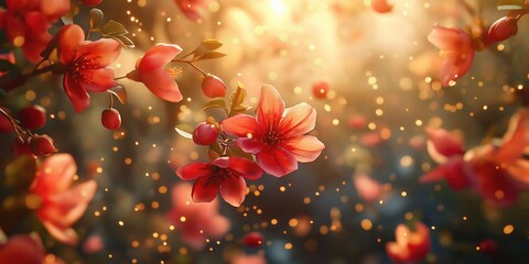 Wall Mural - Vibrant pink flowers illuminated by soft sunlight, creating a dreamy atmosphere filled with floating particles.