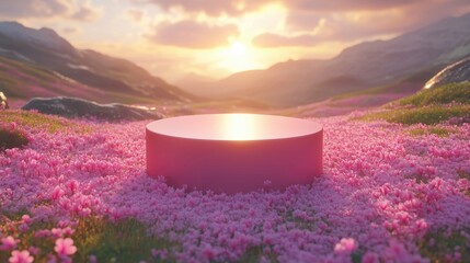 Wall Mural - A vibrant pink platform surrounded by blooming flowers under a stunning sunset, creating a serene and picturesque landscape.
