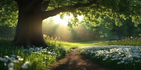 Wall Mural - a large tree stands in a sunlit meadow, surrounded by blooming flowers and a winding dirt path, crea