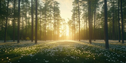 Wall Mural - tranquil forest scene with sunlight filtering through tall trees, illuminating a field of dandelions
