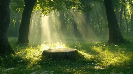 Wall Mural - A serene forest scene featuring a sunlit tree stump surrounded by lush greenery and soft rays of light filtering through the trees.