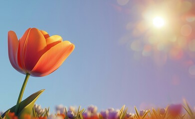 Wall Mural - A vibrant orange tulip standing tall against a clear blue sky, illuminated by warm sunlight, symbolizing beauty and renewal.
