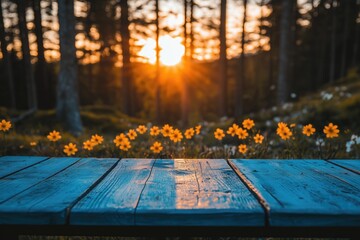 Wall Mural - a vibrant sunset illuminating a meadow filled with yellow flowers, with a rustic wooden table in the